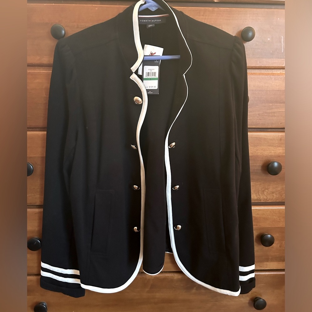 Tommy Hilfiger black jacket with white trim, NWT, size women’s large